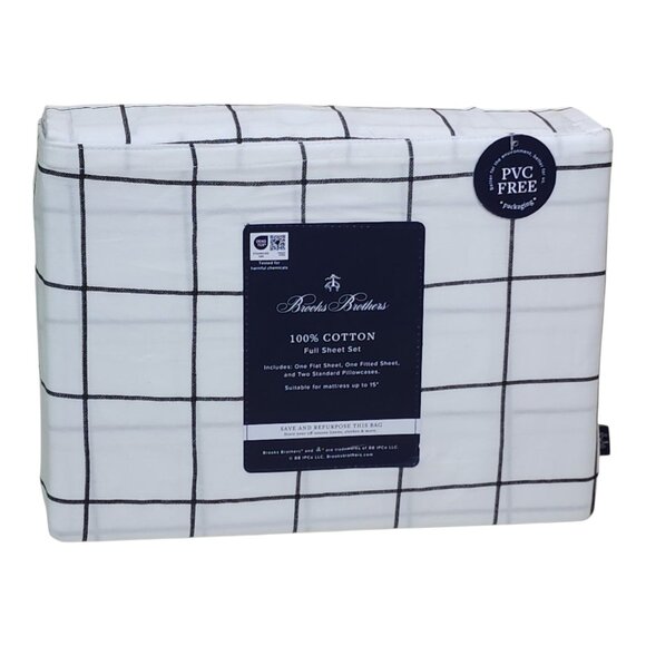 Brooks Brothers Cotton Full Double Sheet Set Black White Large Plaid - Picture 1 of 8